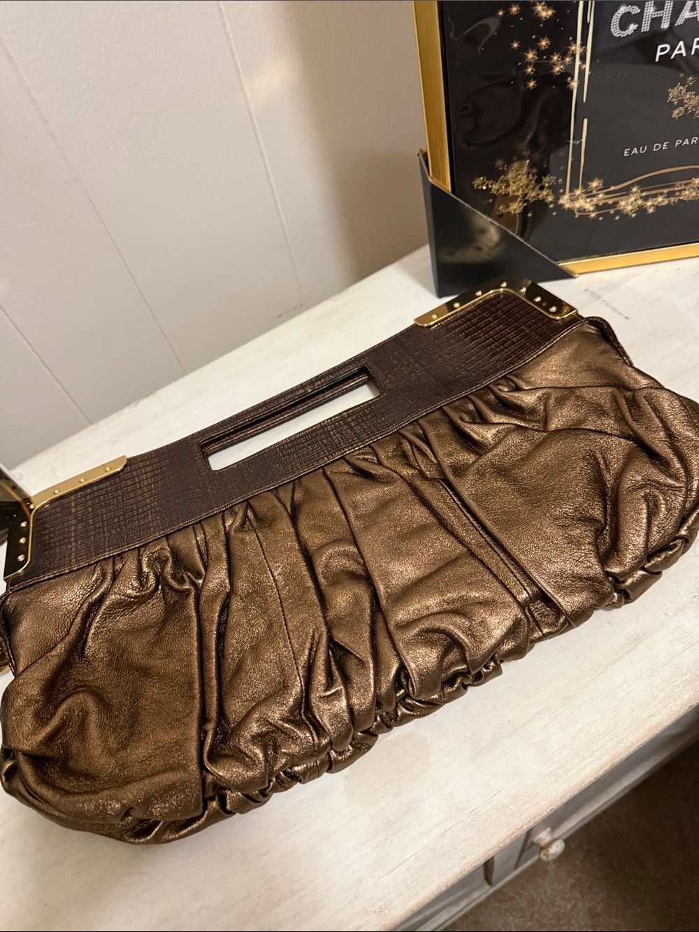BCBGMAX Azria Bronze Metallic Pleated Wristlet Clutch with Gold Accents - Picture 7 of 11